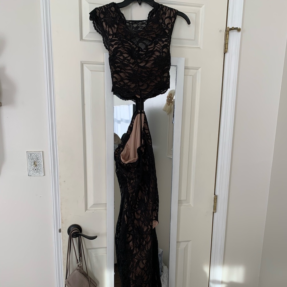 City Triangles black and nude lace formal gown